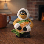 Hand Carved Wooden Bear Figurine, Nordic Winter Bear with Fish, Wood Sculpture Desk Decor, Cabin Style Ornament, Gift for Nature Lovers