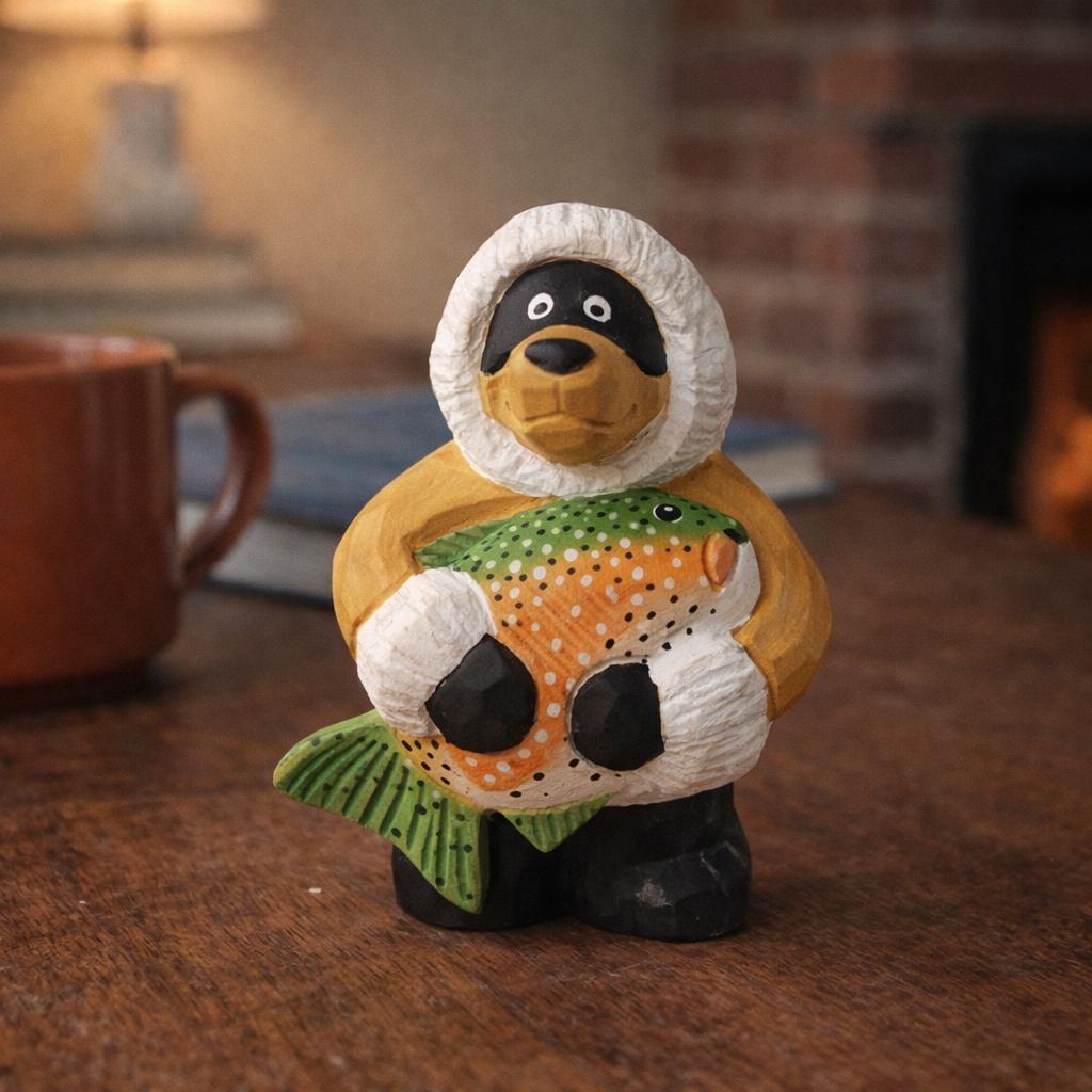 Hand Carved Wooden Bear Figurine, Nordic Winter Bear with Fish, Wood Sculpture Desk Decor, Cabin Style Ornament, Gift for Nature Lovers