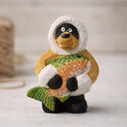 Hand Carved Wooden Bear Figurine, Nordic Winter Bear with Fish, Wood Sculpture Desk Decor, Cabin Style Ornament, Gift for Nature Lovers