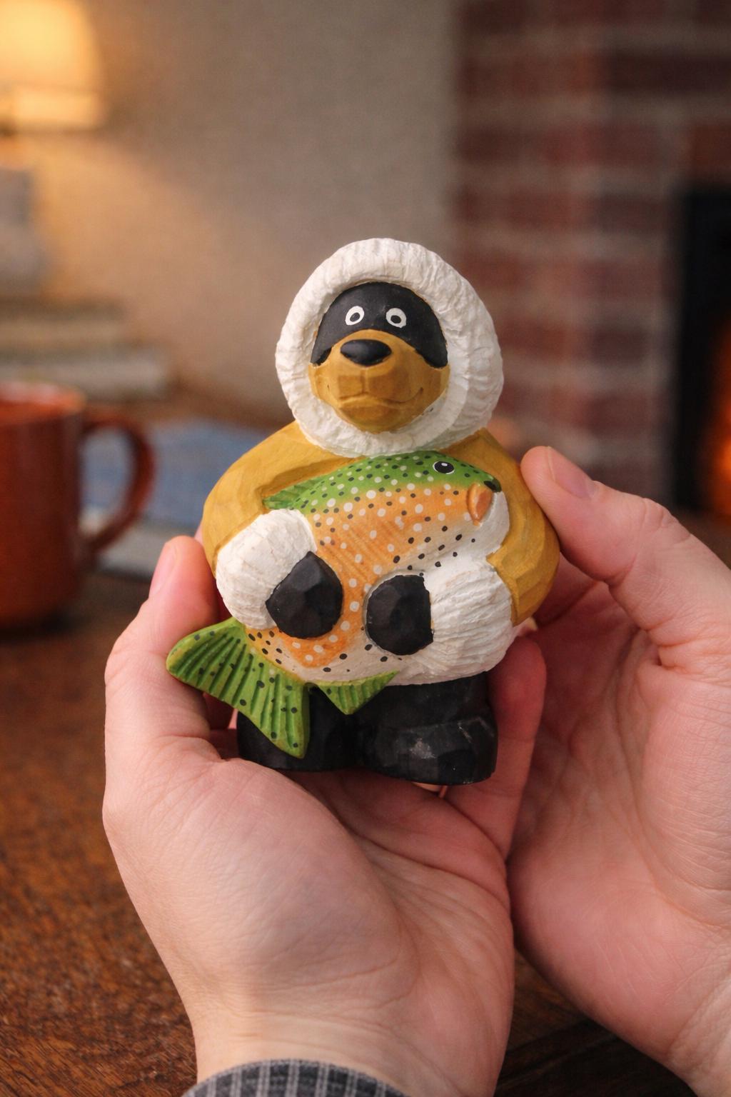 Hand Carved Wooden Bear Figurine, Nordic Winter Bear with Fish, Wood Sculpture Desk Decor, Cabin Style Ornament, Gift for Nature Lovers