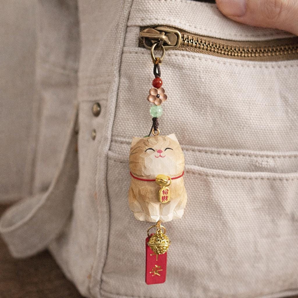 Hand Carved Lucky Cat Charm Wooden Hanging Ornament, Cute Fortune Cat Rearview Mirror Charm, Car Back Charm, Bag Charm, New Year Gift