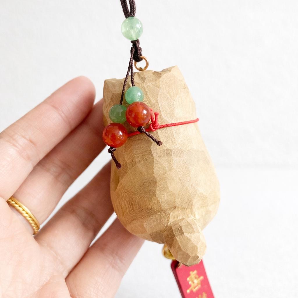 Hand Carved Lucky Cat Charm Wooden Hanging Ornament, Cute Fortune Cat Rearview Mirror Charm, Car Back Charm, Bag Charm, New Year Gift