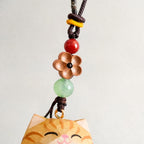 Hand Carved Lucky Cat Car Charm, Wooden Maneki Neko Rearview Mirror Hanging, Cute Cat Bag Charm, Unique Gift, Handmade Wood Ornament
