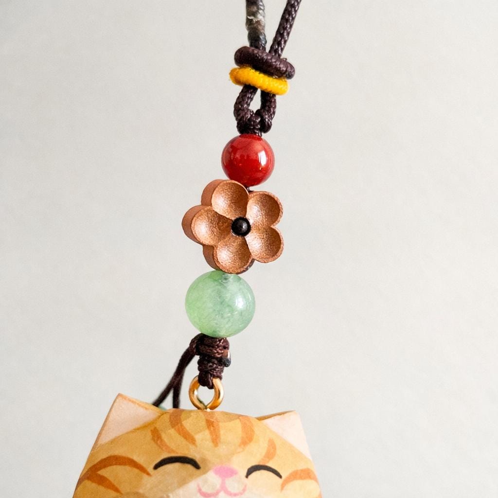 Hand Carved Lucky Cat Car Charm, Wooden Maneki Neko Rearview Mirror Hanging, Cute Cat Bag Charm, Unique Gift, Handmade Wood Ornament
