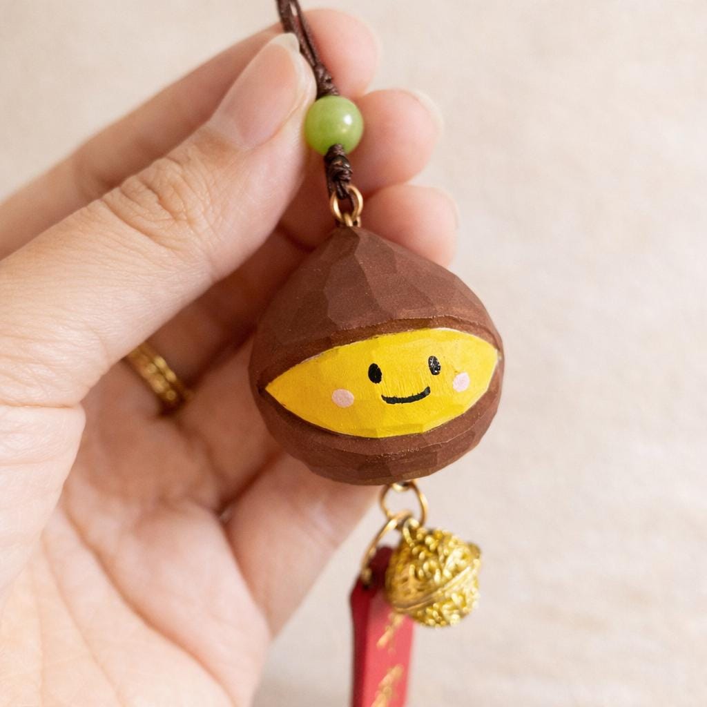 Hand Carved Lucky Chestnut Bag Charm, Wooden Rearview Mirror Hanging Ornament, Cute Keychain, Good Luck Gift, Handmade Wood Pendant