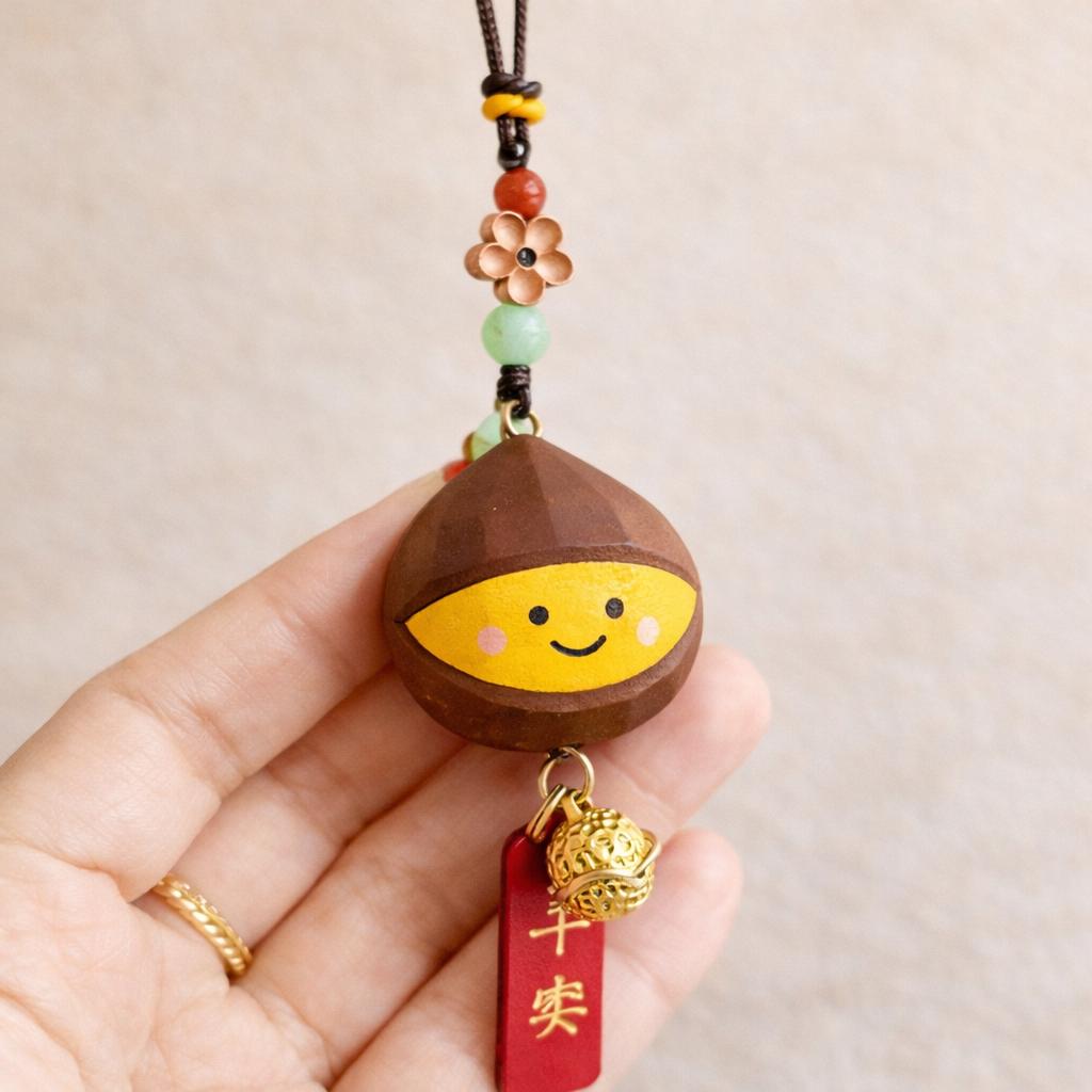 Hand Carved Lucky Chestnut Bag Charm, Wooden Rearview Mirror Hanging Ornament, Cute Keychain, Good Luck Gift, Handmade Wood Pendant