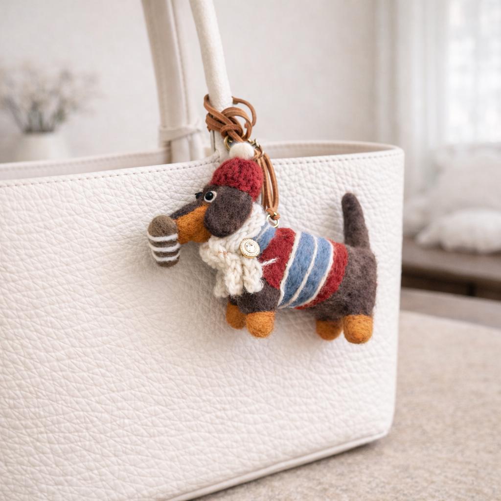 Handmade Felt Dachshund Keychain, Needle Felt Dog Bag Charm, Cute Wool Puppy Pendant, Backpack Charm, Car Mirror Hanging, Gift for Dog Lover