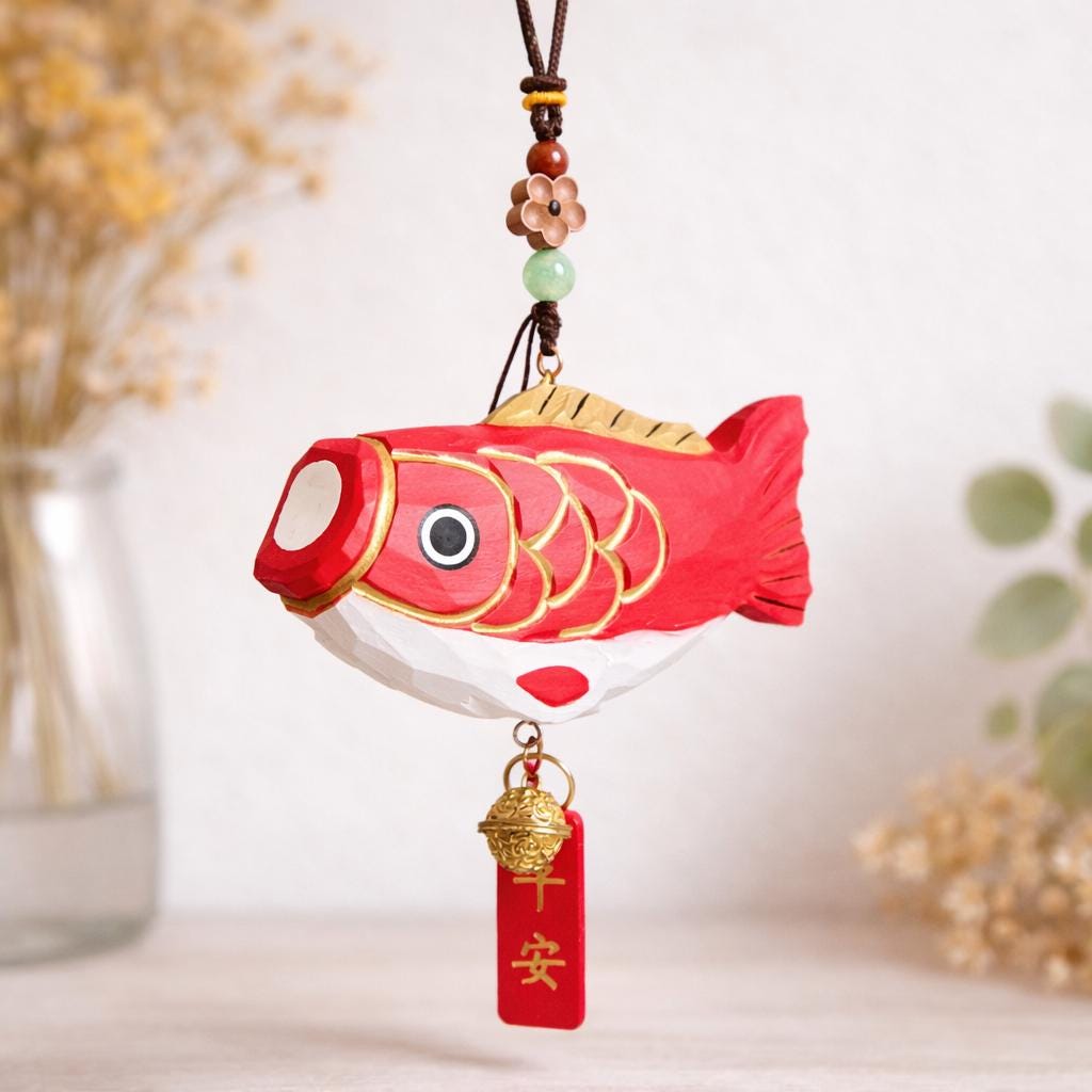 Hand Carved Japanese Style Lucky Koi Fish Car Charm, Good Luck Wooden Hanging Ornament, Rearview Mirror Charm, Bag Charm, Keychain Gift