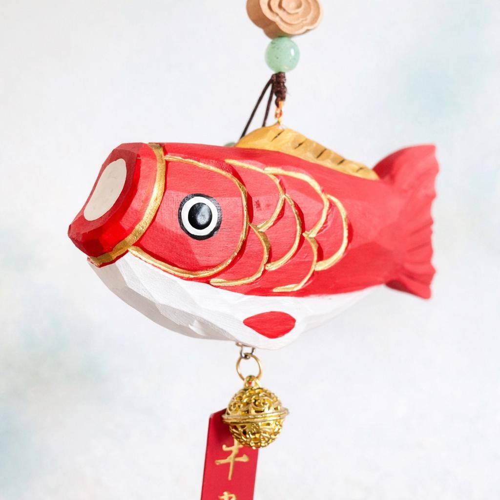 Hand Carved Japanese Style Lucky Koi Fish Car Charm, Good Luck Wooden Hanging Ornament, Rearview Mirror Charm, Bag Charm, Keychain Gift