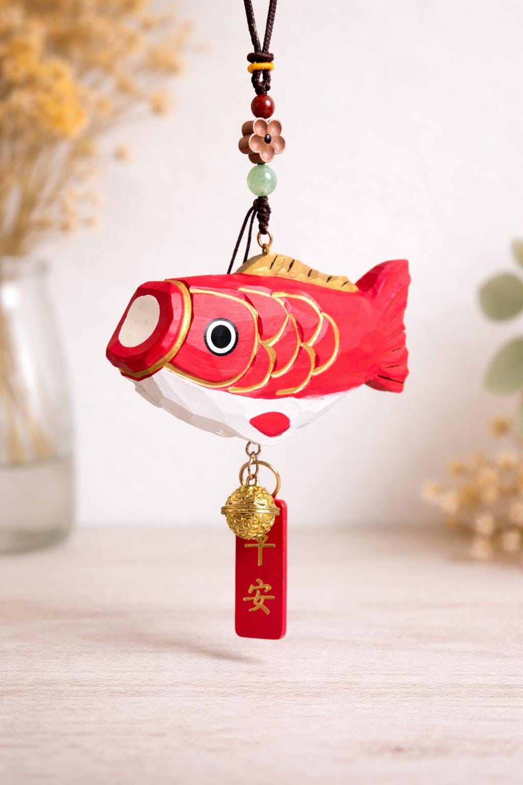 Hand Carved Japanese Style Lucky Koi Fish Car Charm, Good Luck Wooden Hanging Ornament, Rearview Mirror Charm, Bag Charm, Keychain Gift