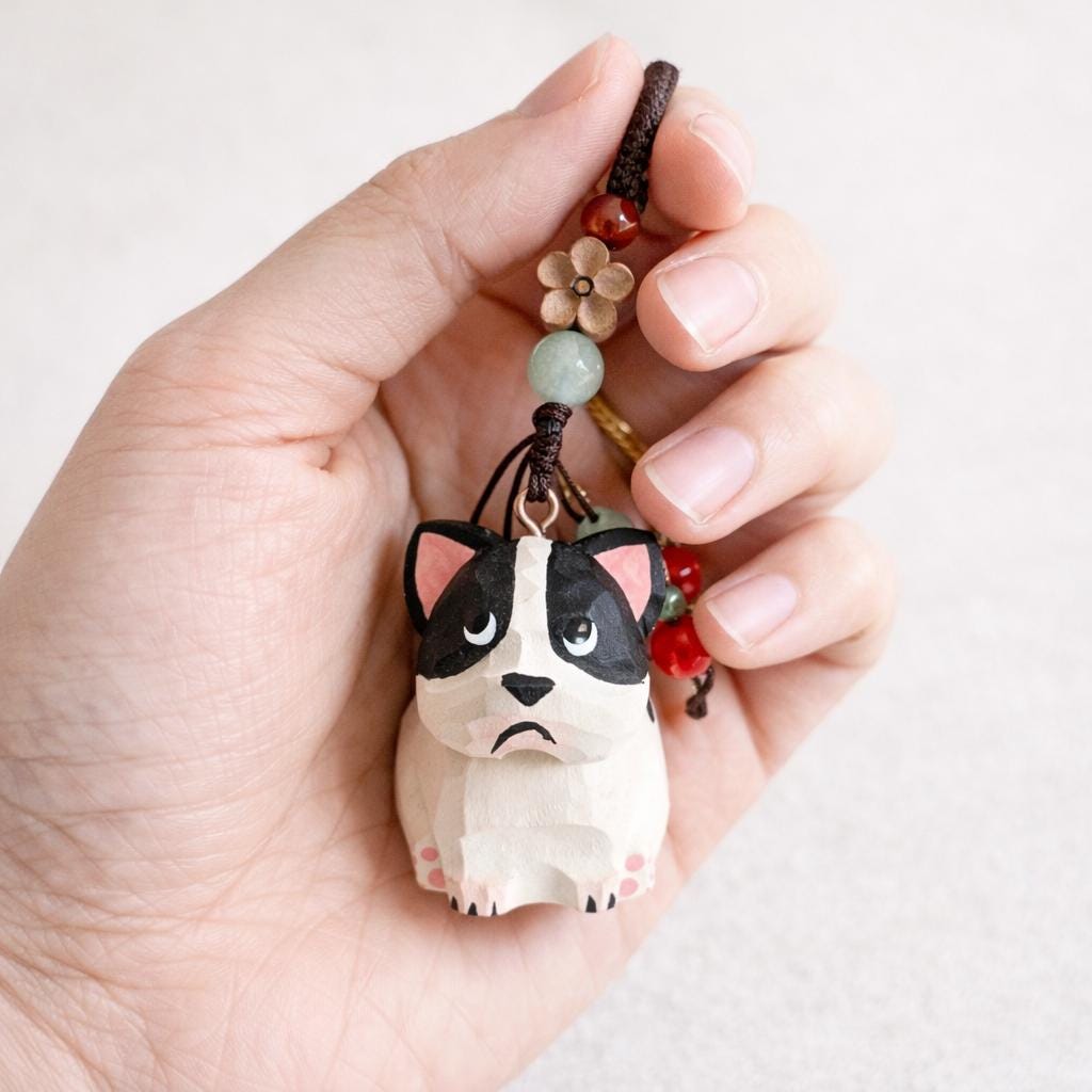 Hand Carved Cute French Bulldog Wooden Charm, Handmade Dog Keychain, Car Mirror Hanging Ornament, Bag Charm, Dog Lover Gift