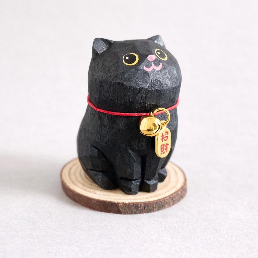 Black Cat Wooden Figurine, Handmade Lucky Cat Decor, Cute Wood Cat Statue, Desk Ornament, Car Decor, Cat Lover Gift