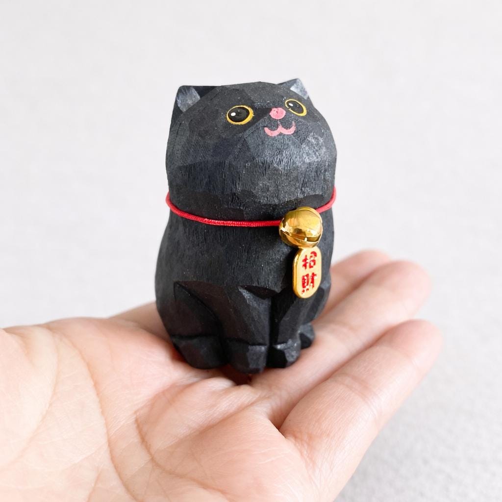 Black Cat Wooden Figurine, Handmade Lucky Cat Decor, Cute Wood Cat Statue, Desk Ornament, Car Decor, Cat Lover Gift