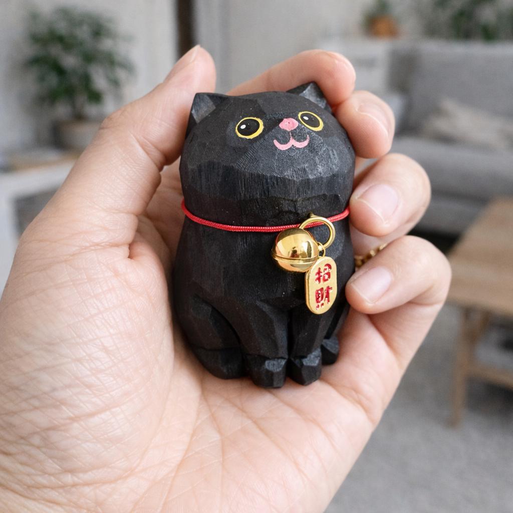 Black Cat Wooden Figurine, Handmade Lucky Cat Decor, Cute Wood Cat Statue, Desk Ornament, Car Decor, Cat Lover Gift