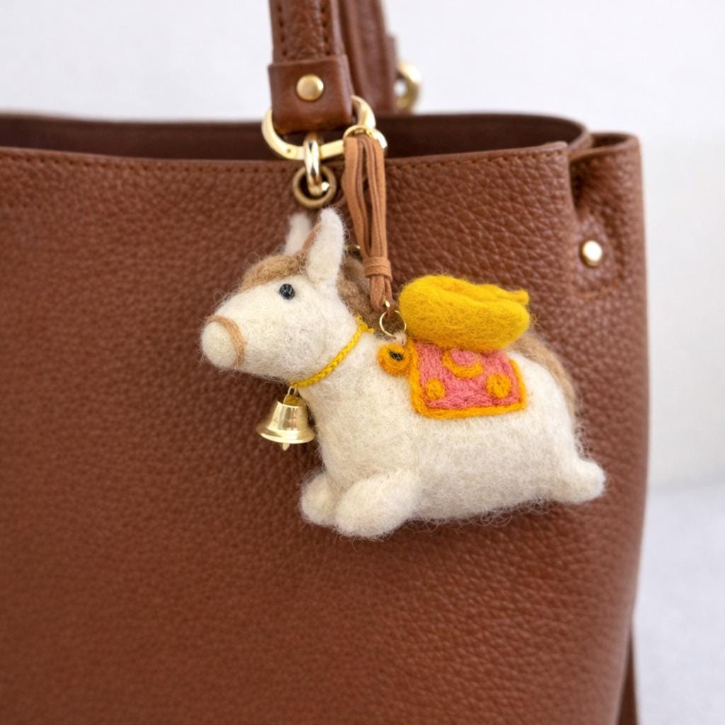 Handmade Felt Horse Keychain, Cute Wool Horse Bag Charm with Wings & Bell, Backpack Charm, Car Mirror Hanging Ornament, Handmade Animal Gift