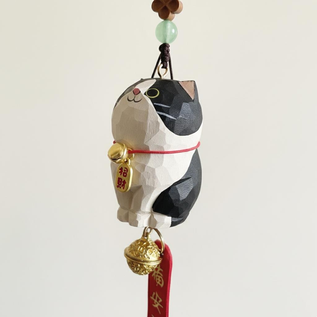 Hand Carved Lucky Cat Hanging Ornament, Wooden Maneki Neko Car Charm, Good Luck Cat Pendant, Bag Charm Keychain Gift, Cute Japanese Decor