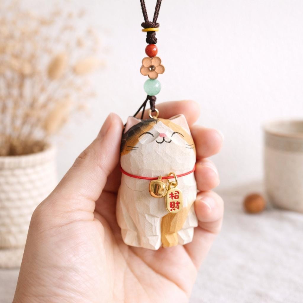 Japanese Style Lucky Cat Car Hanging Charm, Hand Carved Wooden Maneki Cat Ornament, Good Luck Rearview Mirror Decor, Bag Charm Gift