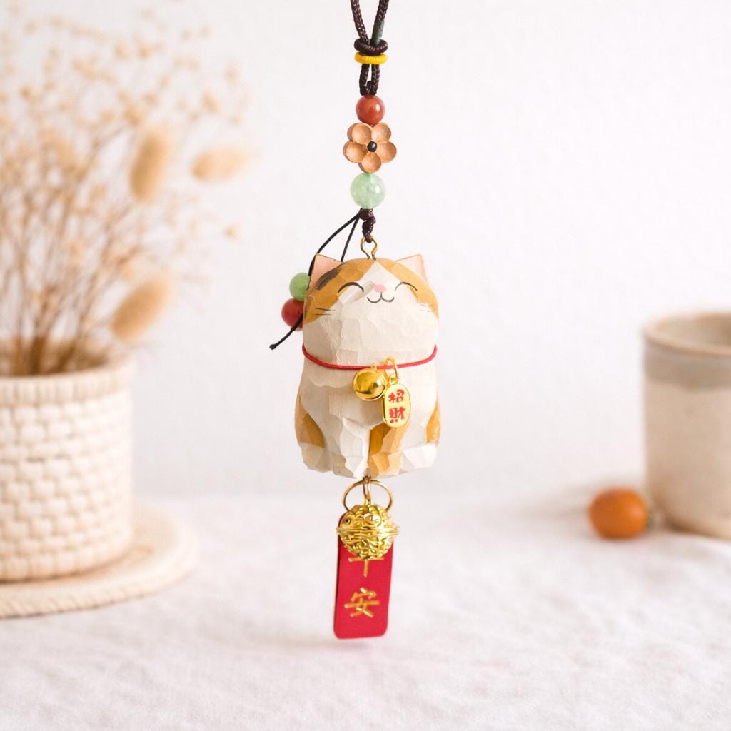 Japanese Style Lucky Cat Car Hanging Charm, Hand Carved Wooden Maneki Cat Ornament, Good Luck Rearview Mirror Decor, Bag Charm Gift
