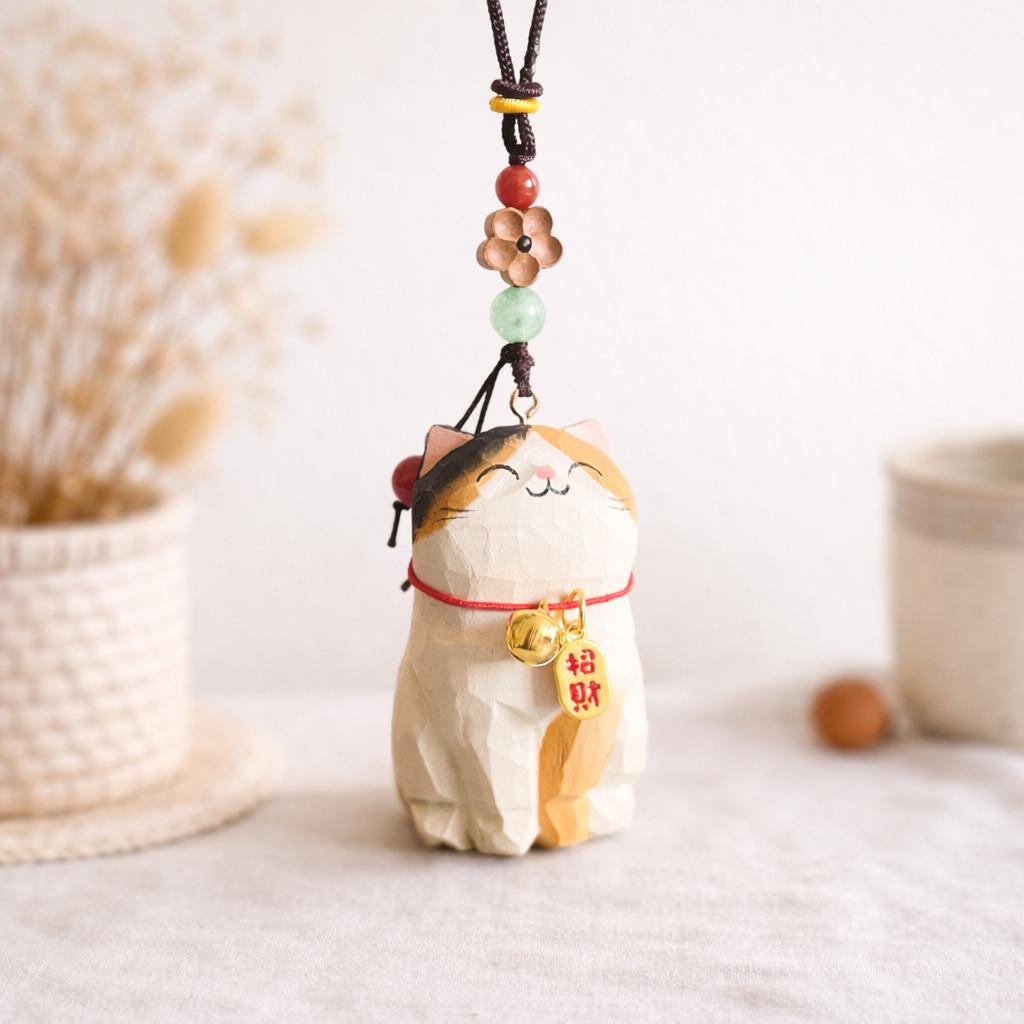 Japanese Style Lucky Cat Car Hanging Charm, Hand Carved Wooden Maneki Cat Ornament, Good Luck Rearview Mirror Decor, Bag Charm Gift
