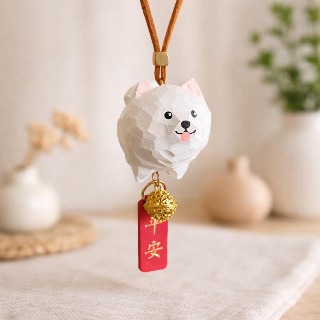 Hand Carved Wooden Samoyed Car Hanging Charm, Cute Dog Rearview Mirror Ornament, Lucky Car Decor, Japanese Style Bag Charm Gift