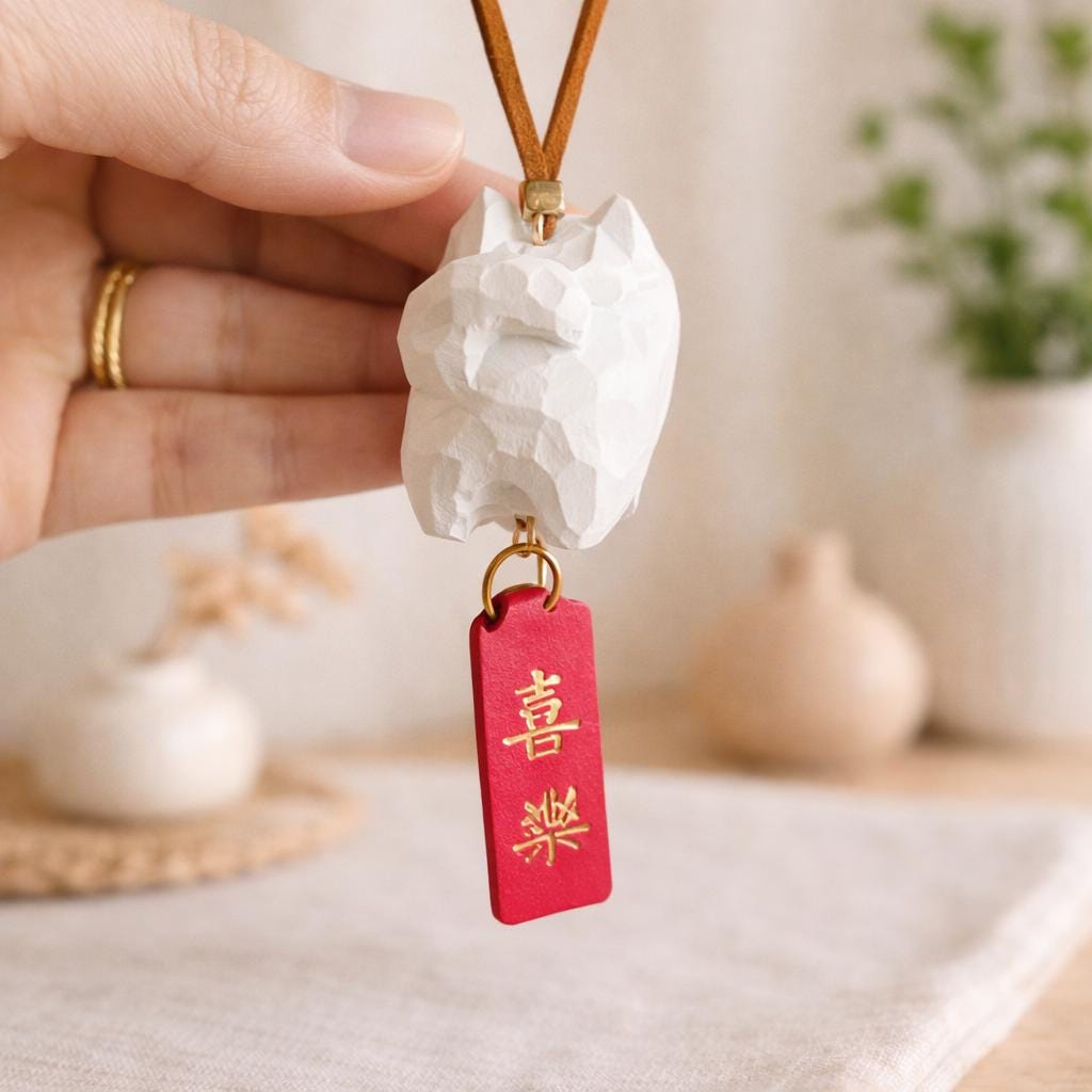 Hand Carved Wooden Samoyed Car Hanging Charm, Cute Dog Rearview Mirror Ornament, Lucky Car Decor, Japanese Style Bag Charm Gift
