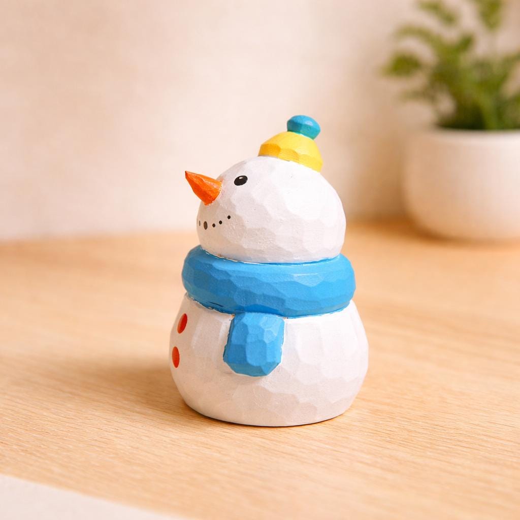 Hand Carved Wooden Snowman Figurine, Christmas Desk Decor, Cute Winter Snowman Ornament, Minimalist Holiday Table Decoration, Wood Gift