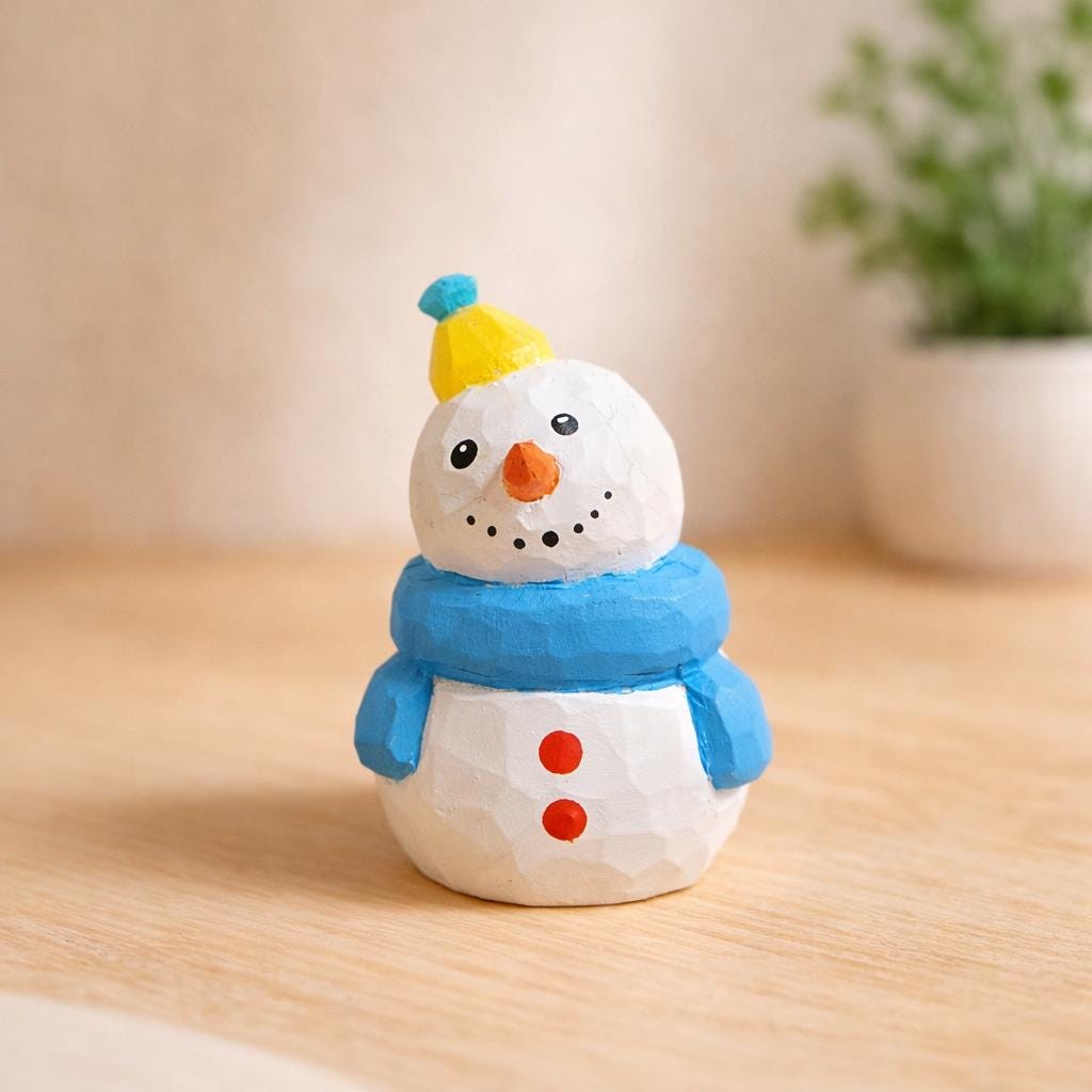 Hand Carved Wooden Snowman Figurine, Christmas Desk Decor, Cute Winter Snowman Ornament, Minimalist Holiday Table Decoration, Wood Gift
