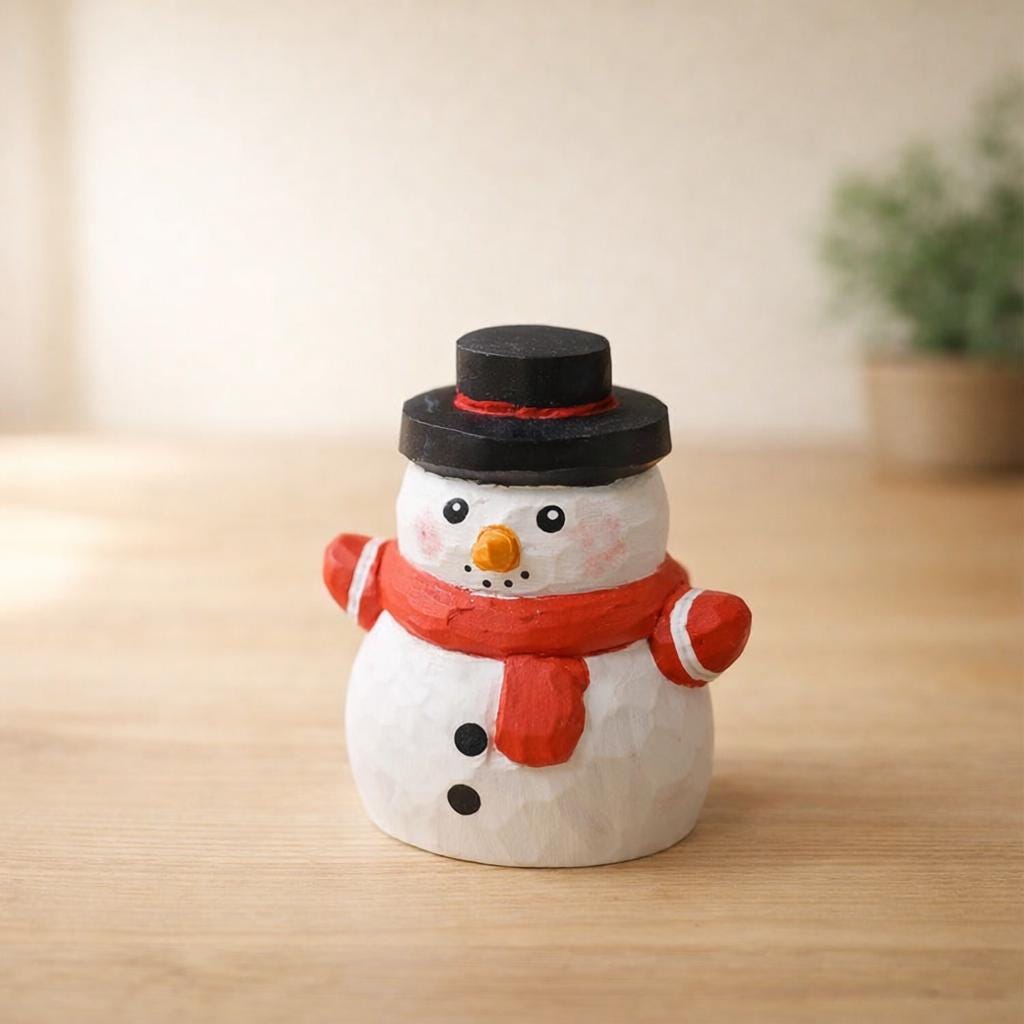 Hand Carved Wooden Snowman Figurine, Christmas Desk Decor, Cute Ornament with Red Scarf, Winter Table Decoration, Handmade Wood Gift