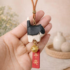 Hand Carved Wooden Cat Car Hanging Ornament, Lucky Cat Rearview Mirror Charm, Cute Bag Charms, Keychain Gift, Japanese Style Car Accessory