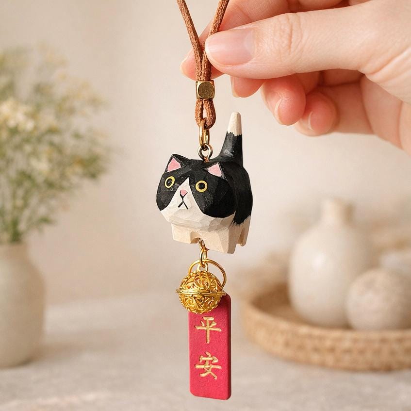 Hand Carved Wooden Cat Car Hanging Ornament, Lucky Cat Rearview Mirror Charm, Cute Bag Charms, Keychain Gift, Japanese Style Car Accessory