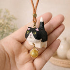 Hand Carved Wooden Cat Car Hanging Ornament, Lucky Cat Rearview Mirror Charm, Cute Bag Charms, Keychain Gift, Japanese Style Car Accessory