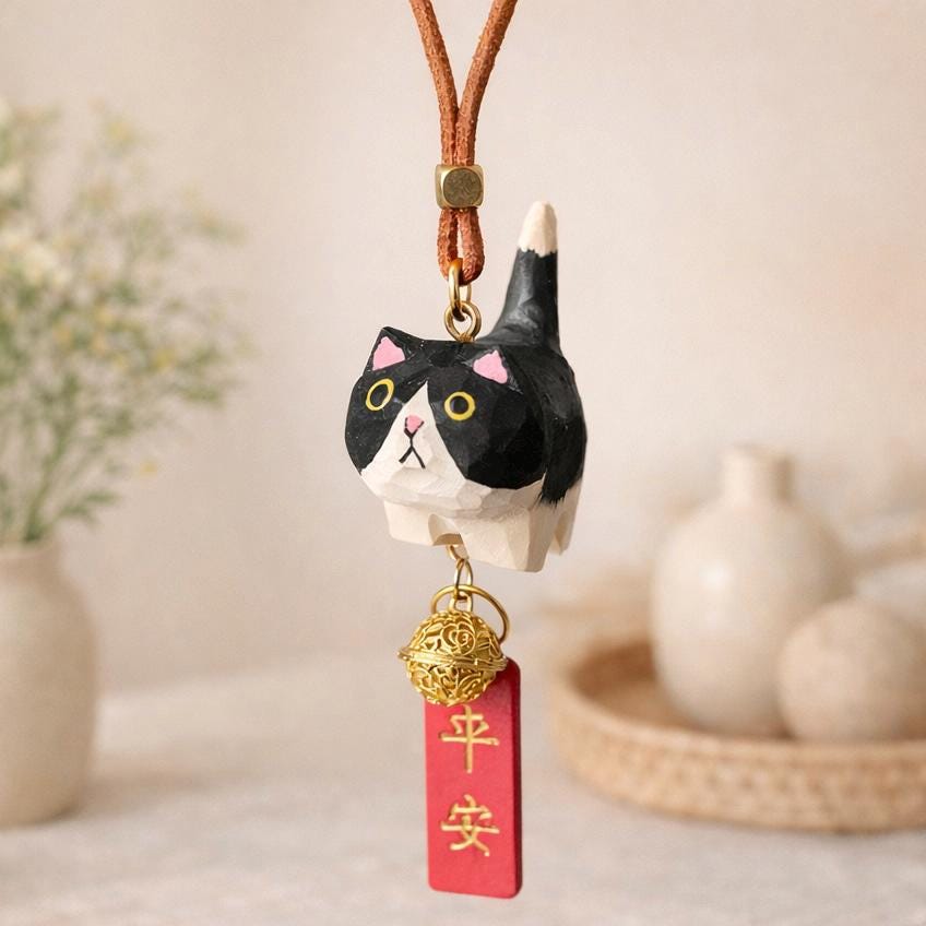 Hand Carved Wooden Cat Car Hanging Ornament, Lucky Cat Rearview Mirror Charm, Cute Bag Charms, Keychain Gift, Japanese Style Car Accessory