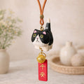 Hand Carved Wooden Cat Car Hanging Ornament, Lucky Cat Rearview Mirror Charm, Cute Bag Charms, Keychain Gift, Japanese Style Car Accessory