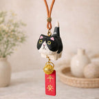 Hand Carved Wooden Cat Car Hanging Ornament, Lucky Cat Rearview Mirror Charm, Cute Bag Charms, Keychain Gift, Japanese Style Car Accessory