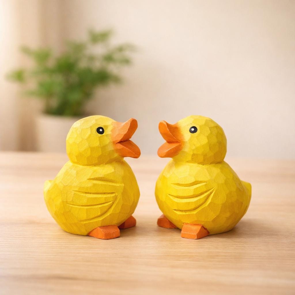 Hand Carved Wooden Duck Figurine, Cute Yellow Duck Desk Decor, Handmade Wood Animal Sculpture, Unique Gift, Nursery Shelf Decoration