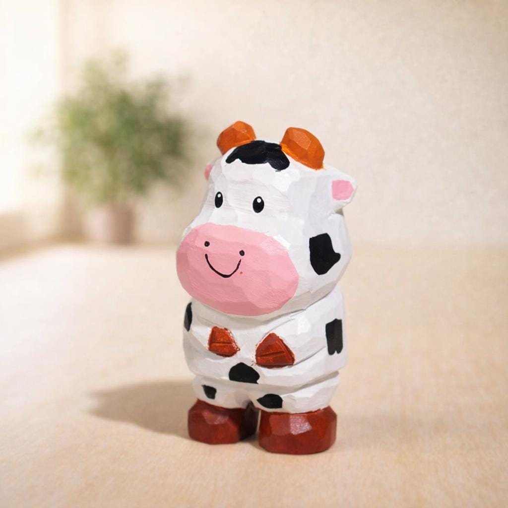 Hand Carved Wooden Cow Figurine, Cute Mini Cow Desk Decor, Small Farm Animal Sculpture, Handmade Wood Ornament, Rustic Shelf Decoration