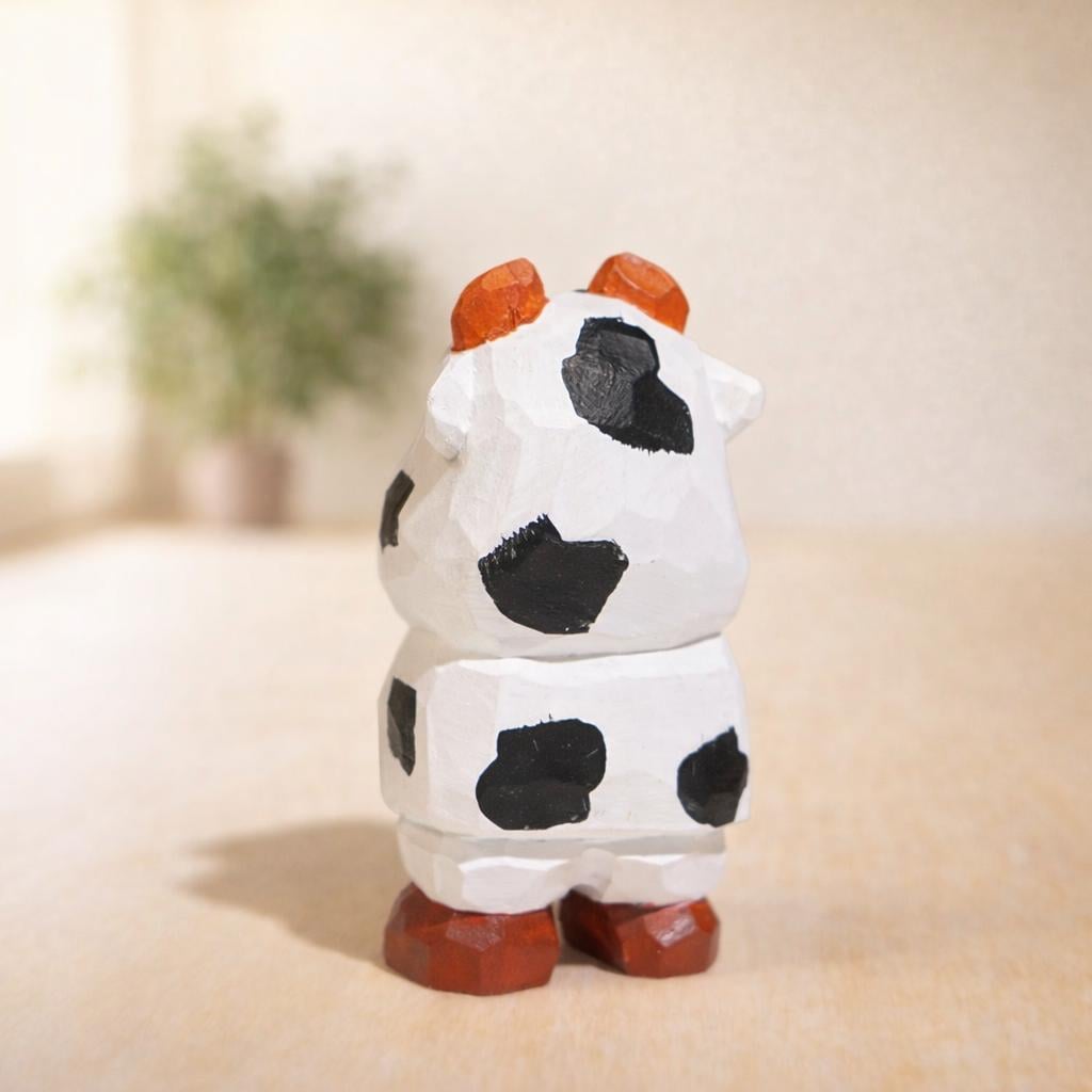 Hand Carved Wooden Cow Figurine, Cute Mini Cow Desk Decor, Small Farm Animal Sculpture, Handmade Wood Ornament, Rustic Shelf Decoration
