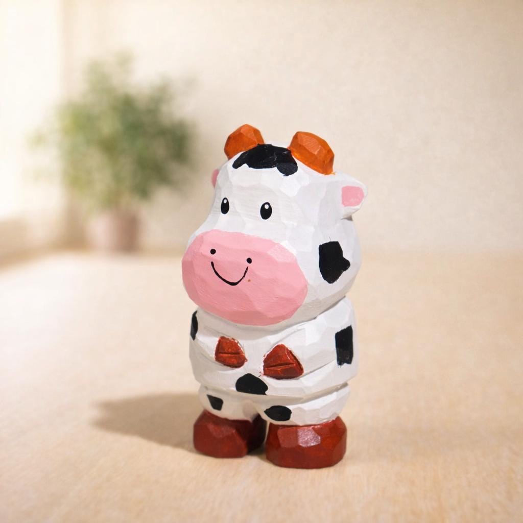 Hand Carved Wooden Cow Figurine, Cute Mini Cow Desk Decor, Small Farm Animal Sculpture, Handmade Wood Ornament, Rustic Shelf Decoration