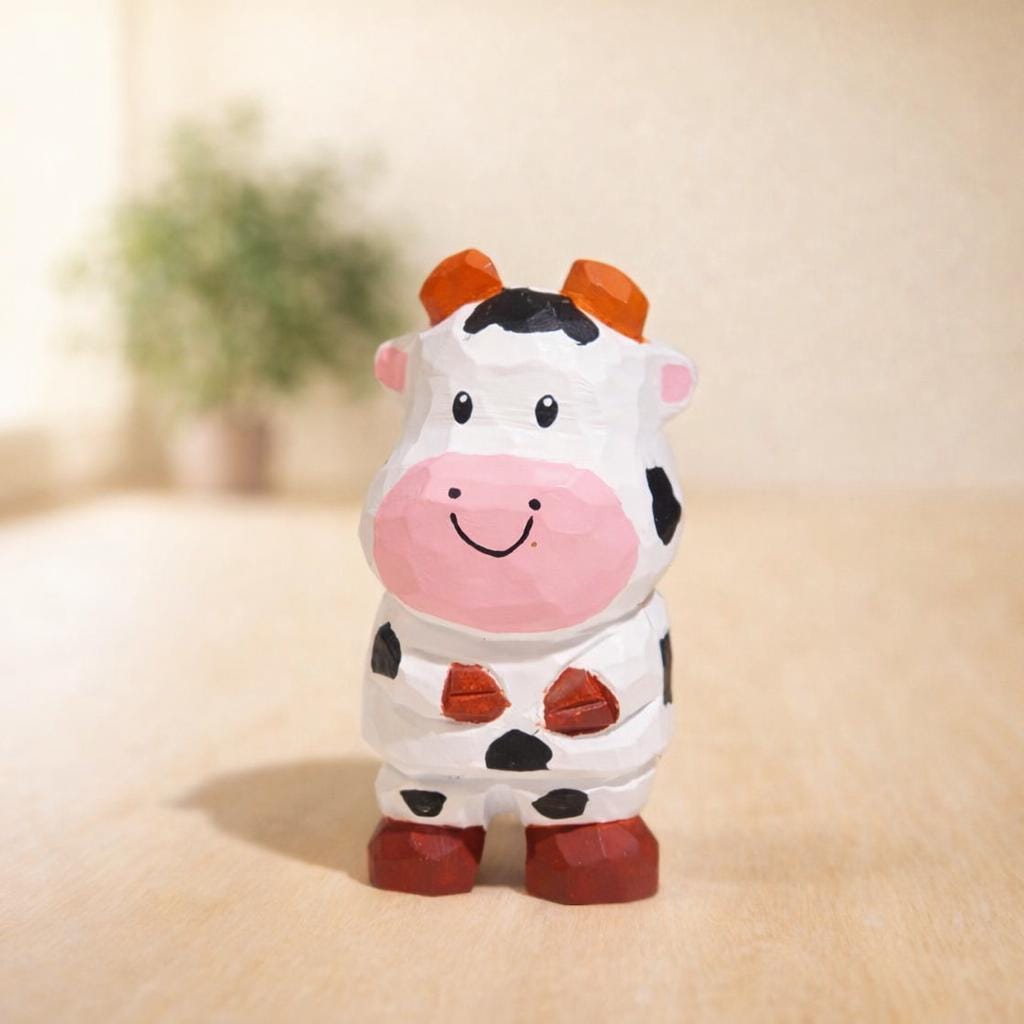 Hand Carved Wooden Cow Figurine, Cute Mini Cow Desk Decor, Small Farm Animal Sculpture, Handmade Wood Ornament, Rustic Shelf Decoration