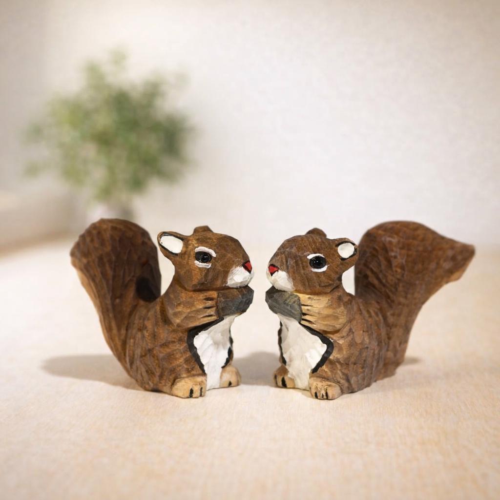 Hand Carved Wooden Squirrel Figurine, Cute Woodland Animal Decor, Mini Handmade Desk Ornament, Wood Sculpture Gift