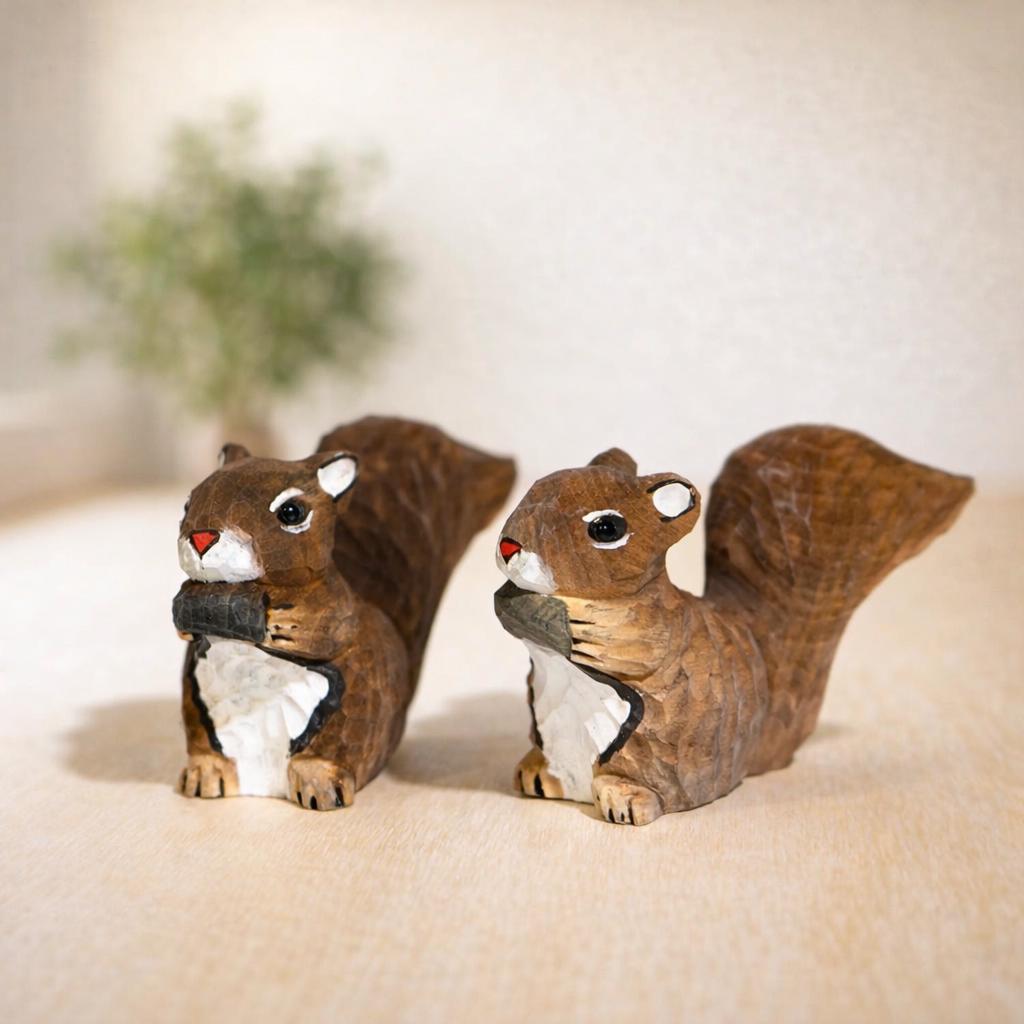 Hand Carved Wooden Squirrel Figurine, Cute Woodland Animal Decor, Mini Handmade Desk Ornament, Wood Sculpture Gift