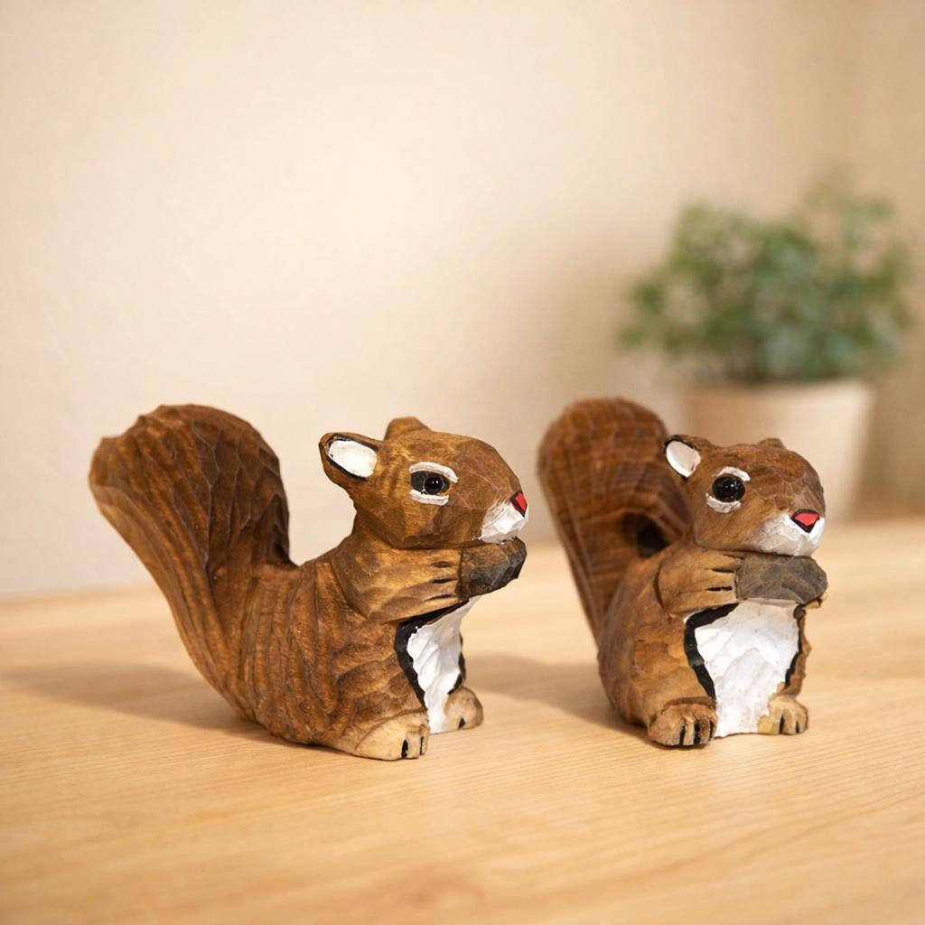 Hand Carved Wooden Squirrel Figurine, Cute Woodland Animal Decor, Mini Handmade Desk Ornament, Wood Sculpture Gift