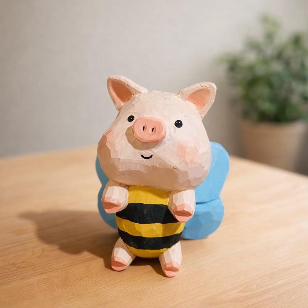 Hand Carved Bee Pig Wooden Figurine, Cute Flying Pig Desk Decor, Handmade Animal Sculpture, Wood Ornament, Gift for Animal Lover