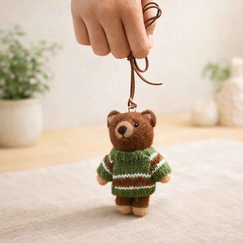 Handmade Felt Bear Keychain, Cute Wool Teddy Bag Charm, Needle Felt Animal Pendant, Car Hanging Ornament, Unique Handmade Gift