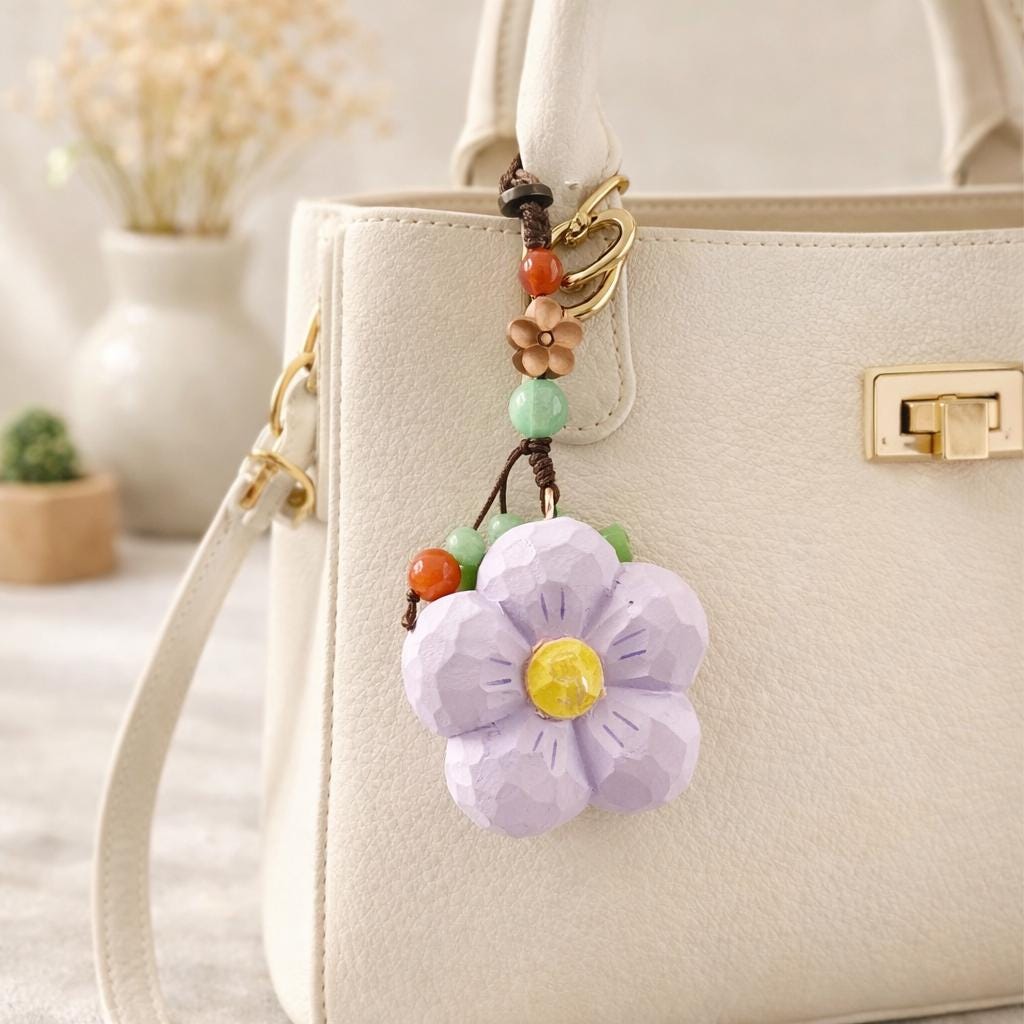 Hand Carved Peach Wood Plum Blossom Keychain, Lucky Wooden Flower Charm, Handmade Bag Pendant, Natural Wood Car Charm, Gift for Her