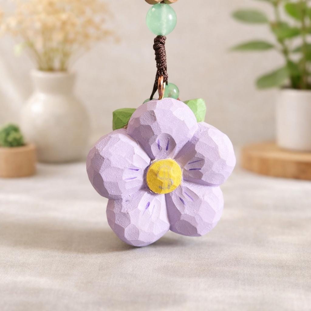 Hand Carved Peach Wood Plum Blossom Keychain, Lucky Wooden Flower Charm, Handmade Bag Pendant, Natural Wood Car Charm, Gift for Her