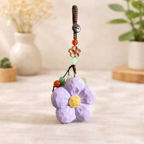 Hand Carved Peach Wood Plum Blossom Keychain, Lucky Wooden Flower Charm, Handmade Bag Pendant, Natural Wood Car Charm, Gift for Her