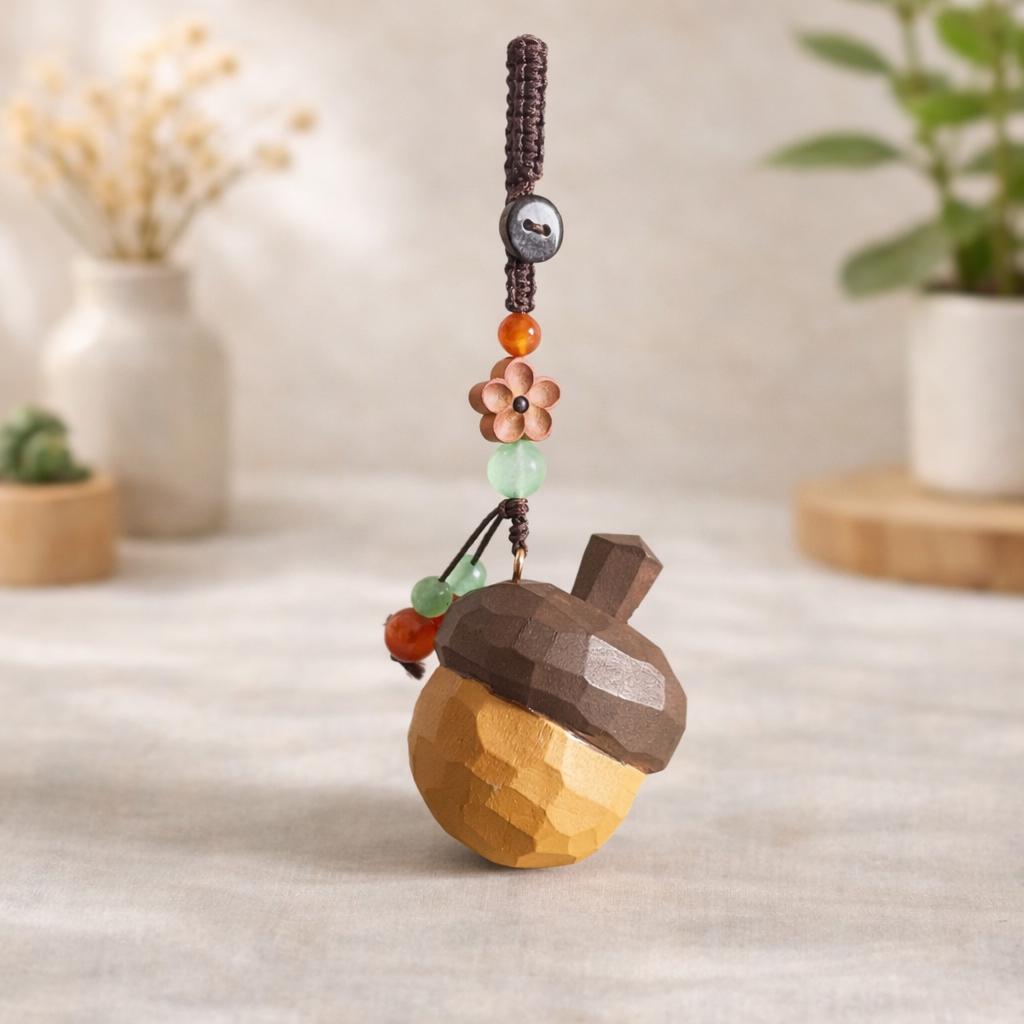 Hand Carved Wooden Acorn Keychain, Peach Wood Acorn Charm, Natural Wood Bag Pendant, Handmade Lucky Keychain, Cute Woodland Gift