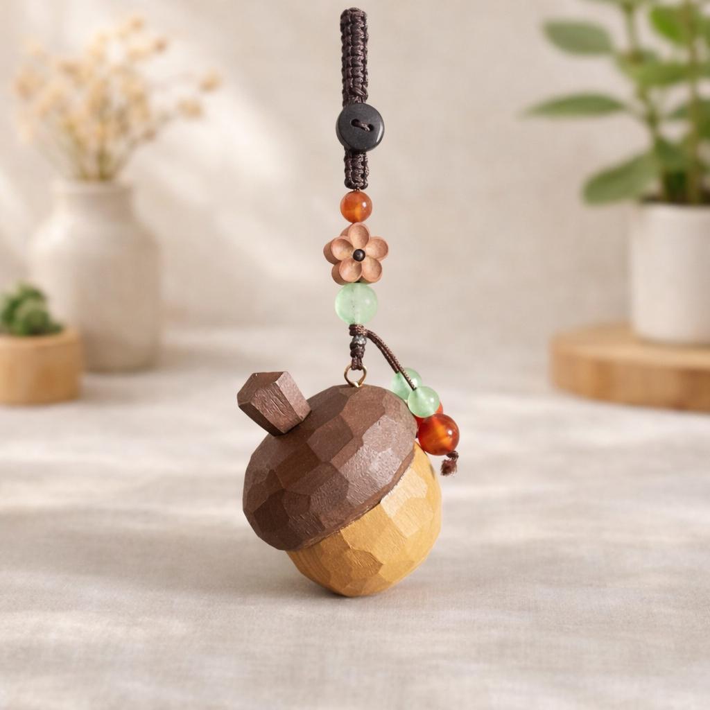 Hand Carved Wooden Acorn Keychain, Peach Wood Acorn Charm, Natural Wood Bag Pendant, Handmade Lucky Keychain, Cute Woodland Gift