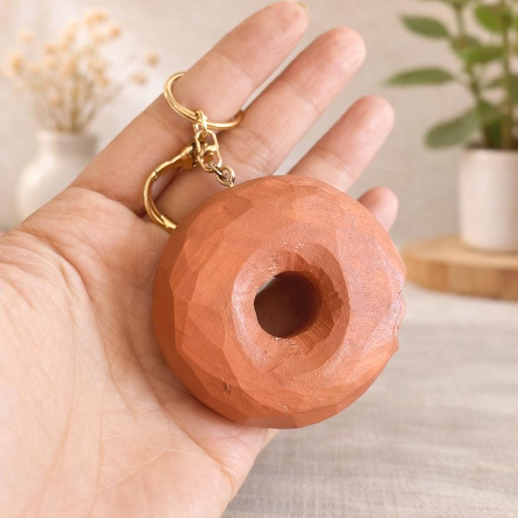 Hand Carved Wooden Donut Keychain, Funny Peach Wood Donut Charm, Cute Food Keychain, Handmade Bag Charm, Unique Gift